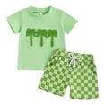 thumbnail image 1 of HCNTES Toddler Baby Girl Summer Clothes Star Graphic Short Sleeve Shirt T-Shirt Tops + Elastic Waist Shorts Outfit Set(18-24 Months,Green), 1 of 7