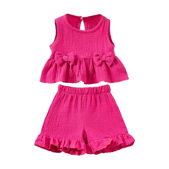 HCNTES Toddler Baby Girl Summer Wear Solid Short Sleeve T - Shirt Tops + Pleated Shorts Unisex 2Pcs Set,2-3 Years Hot Pink