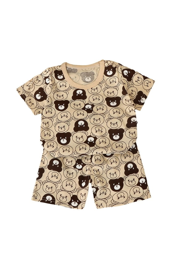 Toddler Baby Two-Piece PJ Set Kids Adorable Short Sleeve Top & Comfortable Shorts for Sleepwear and Dailywear(L13-Brown,9-18 Months)