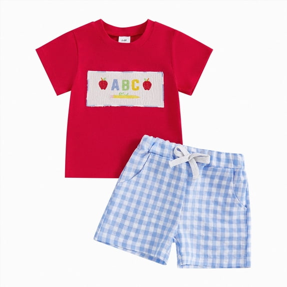 HCNTES Toddler Boy 4th of July Patriotic Clothes Set, ABC Letter Embroidered T-Shirt & Plaid Shorts 2Pcs Independence Day Outfits 6 12 18 24M 2T 3T