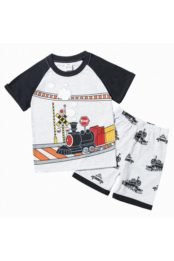 Toddler Boy Clothes Breathable Lightweight Train Print Set Toddler Suit for Daily Wear & Playdates