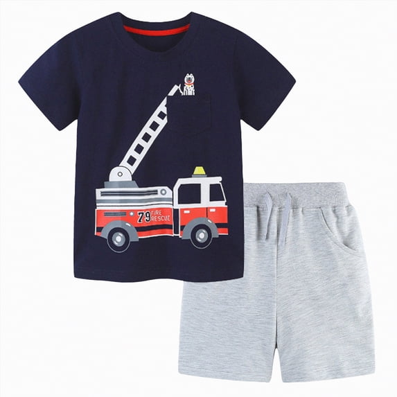 HCNTES Toddler Boy Firetruck Outfit Fire Engine Print Short Sleeve Tee and Drawstring Shorts 2-Piece Set Toddler Boys Summer Clothes