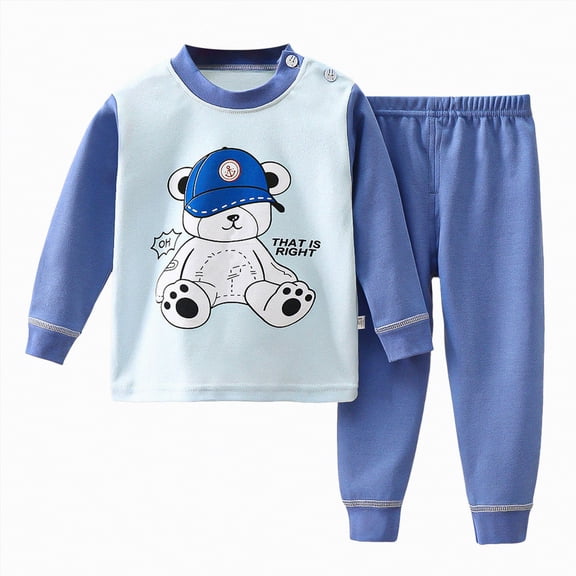 HCNTES Toddler Boy Pajamas Sleepwear Outfits Set Cute Soft Long Sleeves Top and Casual Pants Sweatsuit 2 Piece Fall Winter Clothing Set for Kids(Blue,12-18 Months)