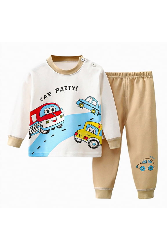 Toddler Boy Pajamas Sleepwear Outfits Set Cute Soft Long Sleeves Top and Casual Pants Sweatsuit 2 Piece Fall Winter Clothing Set for Kids(Khaki,12-18 Months)