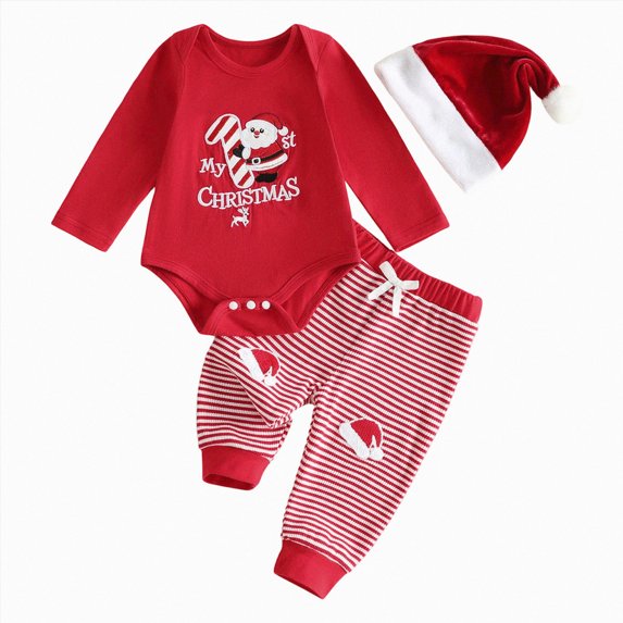 HCNTES Toddler Boy Winter Clothes Baby Boy Santa Outfits My First Christmas Romper Stripes Pants Hat Set Fall Winter 0 3 6 9 12 18 Months Baby Clothes for Boy
