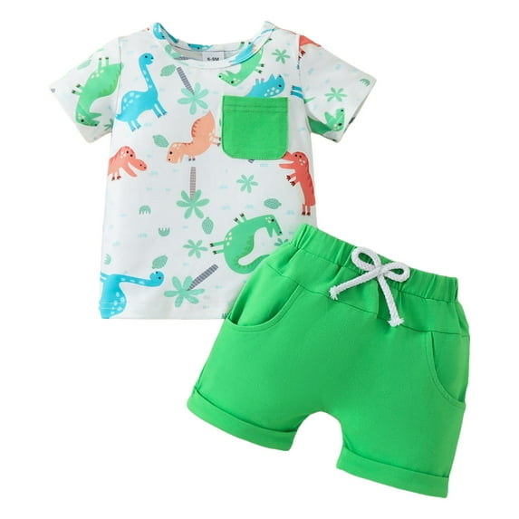 HCNTES Toddler Baby Boys Shorts Set, a Striped Short Sleeve Top and Patterned Shorts for Summer Outfits,Green