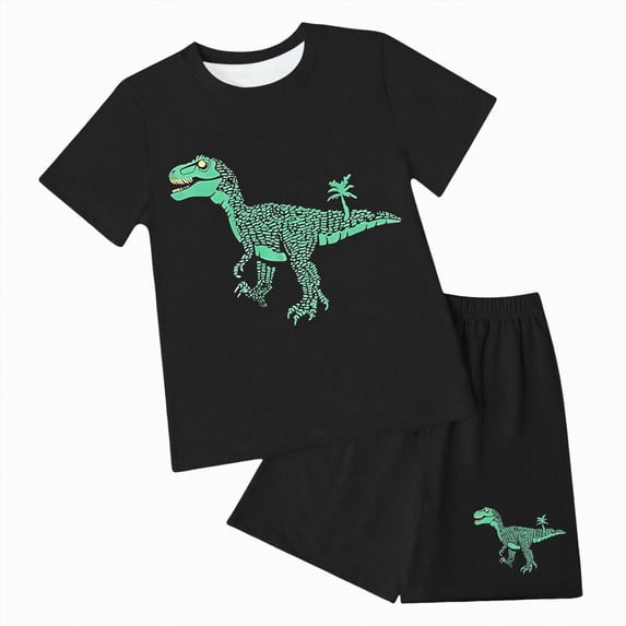 HCNTES Toddler Boys Clothes Set Short Sleeve Cartoon Dinosaur Printed Tees + Stretchy Shorts 2Pcs Summer Clothes Sets Cool Loose Fit Kids Outfit Sets
