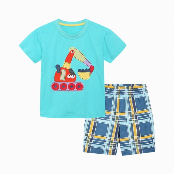HCNTES Toddler Boys Clothing Sets Short Sleeve Print Tee and Plaid Shorts Set Summer Outfits Set 2 Pieces Cotton Summer Outfits