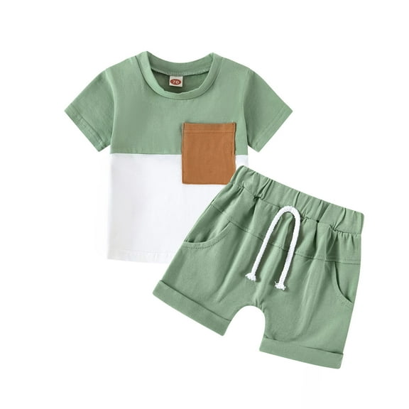 HCNTES Toddler Boys Girls Short Sleeve Clothing Children Patchwork Color Pocket Tops Shorts Outfits(12-18 Months,Light Green)