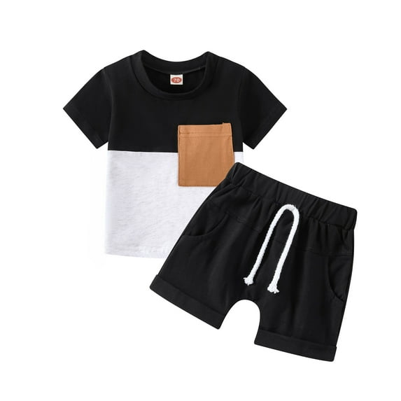 HCNTES Toddler Boys Girls Short Sleeve Clothing Children Patchwork Color Pocket Tops Shorts Outfits(6-12 Months,Black)