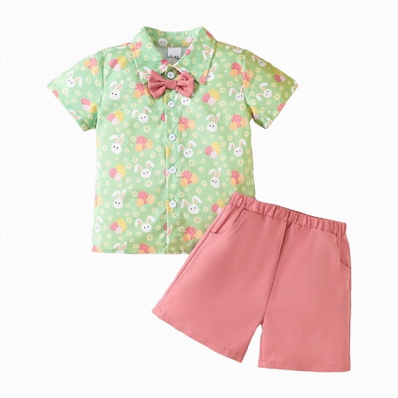 HCNTES Toddler Boys Outfit Sets Boy Short Sleeve Easter Cartoon Rabbit Prints T Shirt Shorts Set Toddler Gentleman Outfit