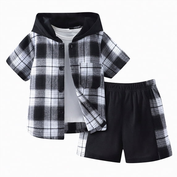 HCNTES Toddler Boys Outfits Short Sleeve Plaid Hooded Tops Shorts Child Kids 2Pcs Set Boy Clothing Sets