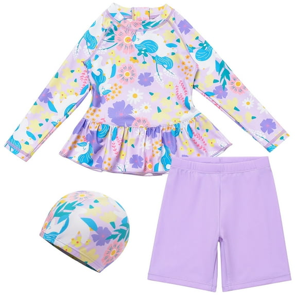 HCNTES Toddler Boys Rash Guard Set - 3 Piece UPF 50+ Long Sleeve Swim Shirt & Swimming Trunks with Bucket Hat(Purple,11-12 Years)
