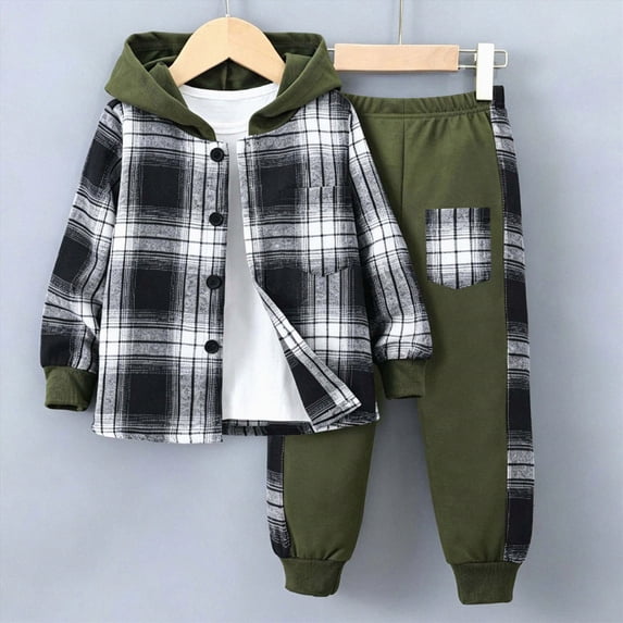HCNTES Toddler Clothes For Boys 2Pcs Long Sleeve Plaid Hooded Sweatshirt Tops Jacket and Pants Winter Outfits Kids Clothes Boys Clothing Sets