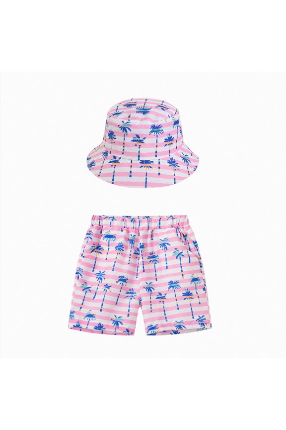 Toddler Girl Beach Outfits Tropical Palm Tree Print Shorts and Bucket Hat 2-Piece Set Vacation Clothes
