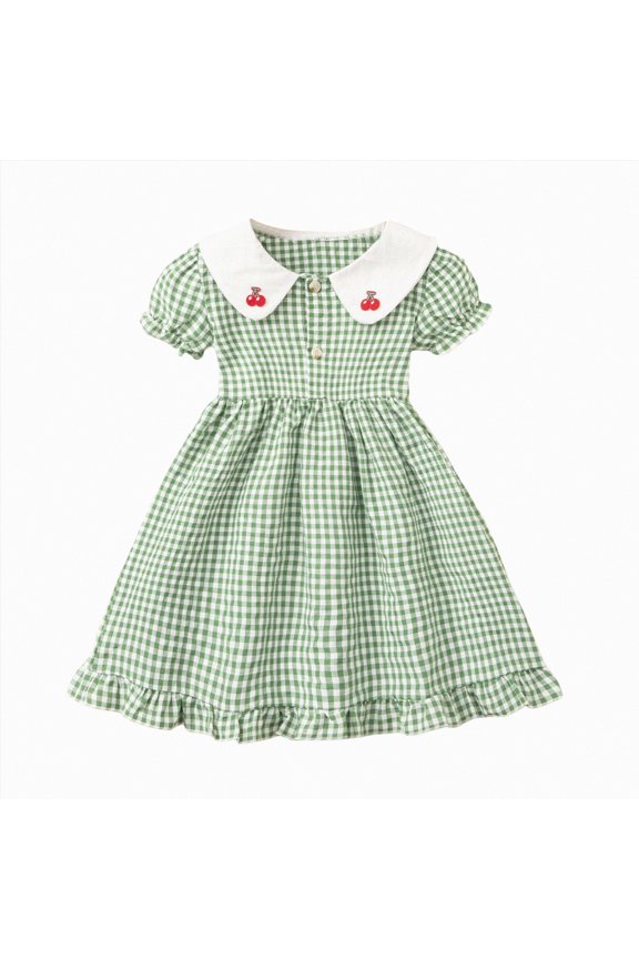 Toddler Girl Day Outfit Shamrock Embroidery Plaid Print Short Sleeve Princess Dress Kids Irish Clothes