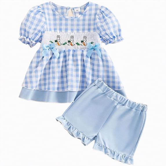 HCNTES Toddler Girl Easter Outfit Soft Cotton Bunny Embroidered Top and Ruffled Shorts Set 2-Piece