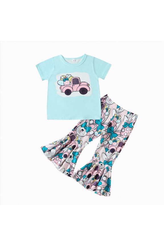 Toddler Girl Easter Outfit Truck Print Short Sleeve Tee and Cartoon Flare Pants 2-Piece Set for Easter Weekend Trips and Playdates