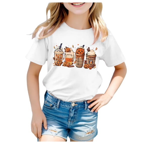 HCNTES Toddler Girl Fall Shirt Boy Girls Halloween Shirt Cute Pumpkin Flower Short Sleeve Tops Thankful Fall T-Shirt(6-7 Years,O75-White)