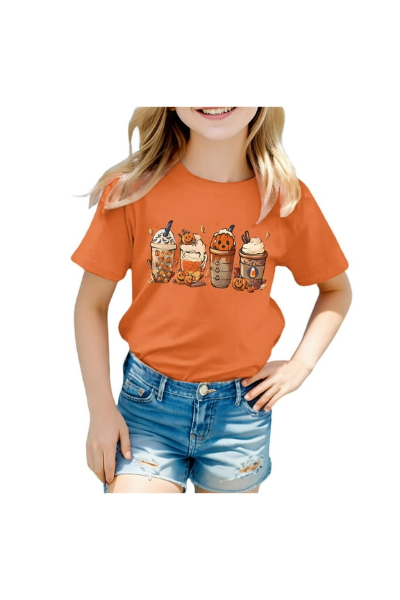 Toddler Girl Fall Shirt Boy Girls Halloween Shirt Cute Pumpkin Flower Short Sleeve Tops Thankful Fall T-Shirt(8-9 Years,O73-Orange)
