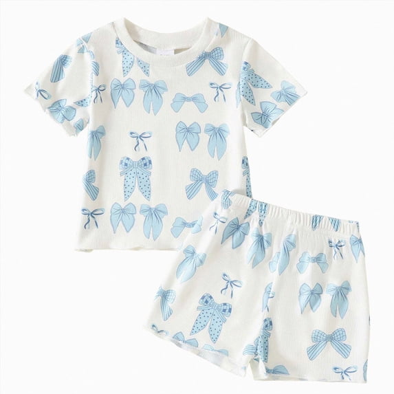 HCNTES Toddler Girl Outfit Bow Embroidered Print Ruffle Short Sleeve Tee and Shorts 2 Piece Set 12M 18M 24M 2T 3T 4T Toddler Baby Girls Summer Outfits