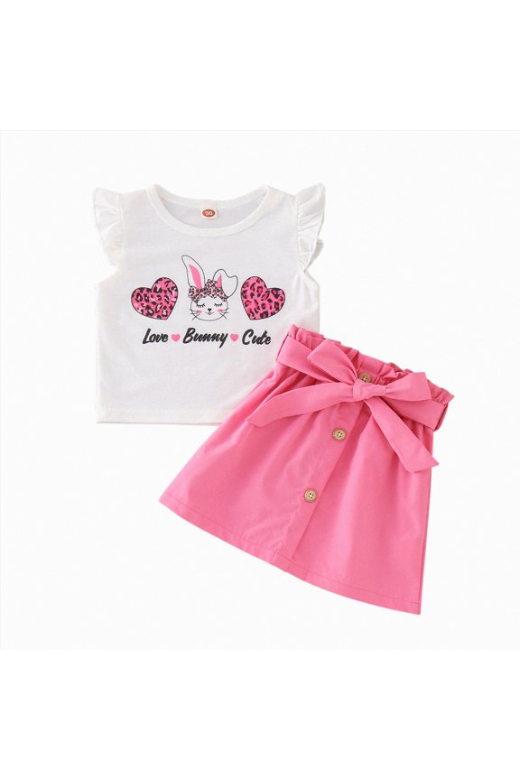 Toddler Girl Spring Clothes Heart Print Ruffle Sleeve Tee and Skirt 2-Piece Set Perfect for Easter Playdates and Park Adventures