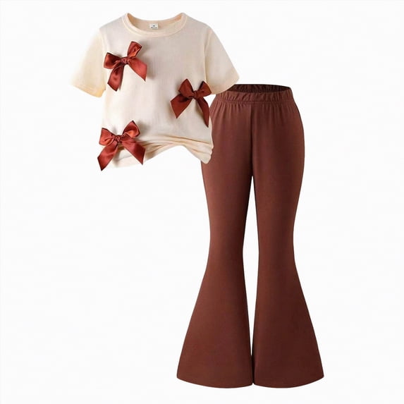 HCNTES Toddler Girl Summer Outfit Set Short Sleeve Tee Wide Leg Pants Soft Elastic Dailywear Kids Casual School Clothing 4T 5T 6T(F02-Brown,4-5 Years)