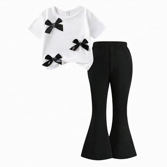 HCNTES Toddler Girl Summer Outfit Set Short Sleeve Tee Wide Leg Pants Soft Elastic Dailywear Kids Casual School Clothing 4T 5T 6T(F02-White,4-5 Years)