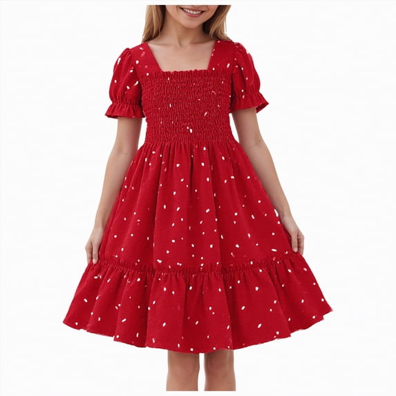 HCNTES Toddler Girls Children Summer Dress Short Sleeve Casual Party Dress for Little Kids Big Kids 1-7T 8-11T(7-8 Years,L04-Red)