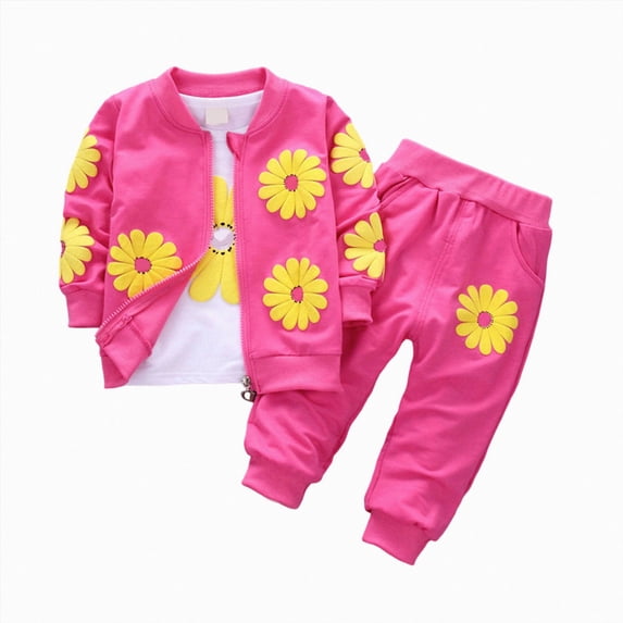 HCNTES Toddler Girls Clothes 12 18 24 Months 2T 3T 4T 5T Fall Winter Girls Long Sleeve Sunflower Print Sweatshirt Tops + Zipper Jacket + Floral Pant Sets