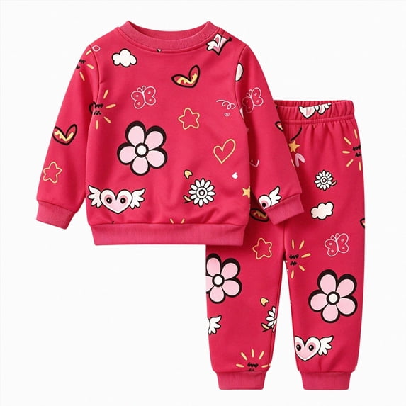 HCNTES Toddler Girls Clothes 18 24 Months 2T 3T 4T 5T Fall Winter Outfits Baby Kids Girls Long Sleeve Round Neck Flower Heart Print Sweatshirt Tops Long Pant Sets