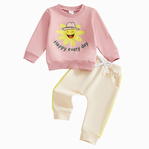 HCNTES Toddler Girls Clothes 18 24 Months 2T 3T Fall Winter Outfits Baby Kids Girls Long Sleeve Sunflower Letter Happy every day Print Sweatshirt Tops Solid Pant Sets