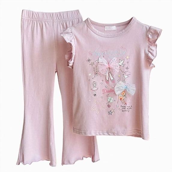 HCNTES Toddler Girls Clothes 18M 24M 2T 3T 4T Summer Outfits Baby Ruffled Sleeve Butterfly-Print Vest Top + Flared Pants Sets