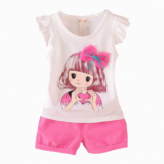 HCNTES Toddler Girls Clothes 6M 12M 18M 24M 1T 2T 3T 4T Summer Outfits Baby Kids Short Sleeve Cartoon Little Girl Print T-Shirt Tops Solid Color Shorts Sets