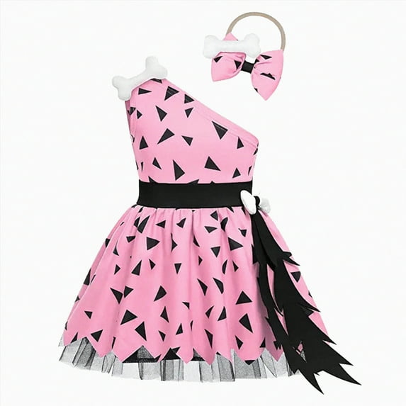 HCNTES Toddler Kids Caveman Girls Halloween Dog Bones Historical Cavegirl Mesh Tulle Dress Princess Outfits(Pink,2-3 Years)