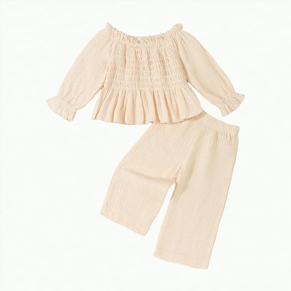 HCNTES Toddler Linen Outfit Girl Kids Wide Leg Pants Set Off Shoulder Blouse Ruffle Long Sleeve Shirt Solid Color Outfits(6-9 Months,Beige@m1)