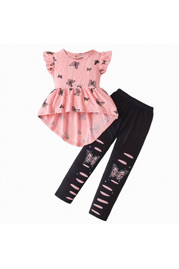 Toddler Outfits For Girls Butterfly Print Ruffle Sleeve High Low Tunic and Butterfly Stripe Leggings 2 Piece Set for Birthday Parties and Playdates