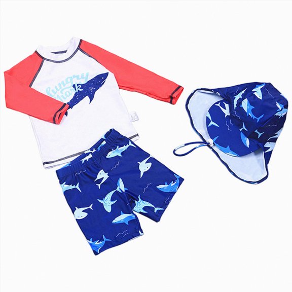 HCNTES Toddlers Baby Boys' 3-Piece Rashguard Set Kids Bathing Suit Set with Hat UPF 50+(Blue,5-6 Years)
