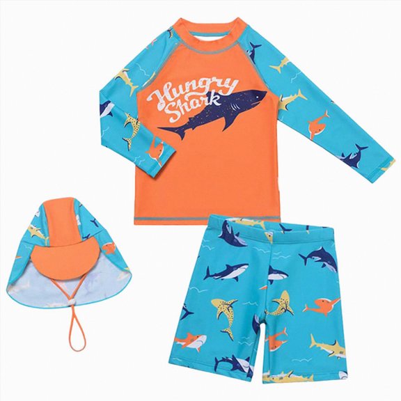 HCNTES Toddlers Boys' 3-Piece Rashguard Set Kids Bathing Suit Set with Hat UPF 50+(Orange,2-3 Years)