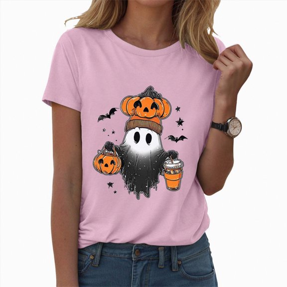 HCNTES Women Fall Halloween Shirt Funny Short Sleeve Round Neck Tee Cute Spooky Pumpkin Graphic Casual Thanksgiving Tops(L,A328-Pink)