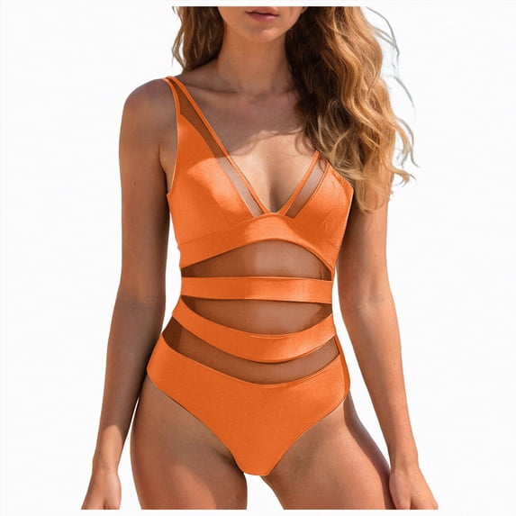 HCNTES Women One Piece Swimsuit Patchwork Twist Front V Neck Ruched Tummy Control Swimwear Bathing Suits(Orange,L)