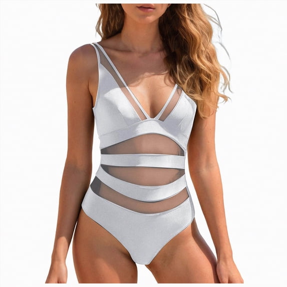 HCNTES Women One Piece Swimsuit Patchwork Twist Front V Neck Ruched Tummy Control Swimwear Bathing Suits(White,XS)