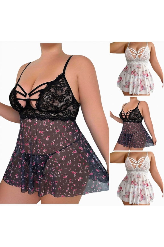 Women Plus Size Lace Lingerie Flower Print Nightwear Hollow Out Babydoll Chemise Sleepwear (Black,1XL)