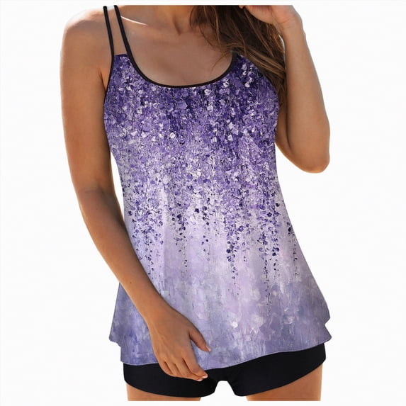 HCNTES Women Plus Size Tankini Swimsuit Two Piece Bathing Suit Cross Back Cutout Flowy Swim Top with Boy Shorts(M,a84-Light Purple)