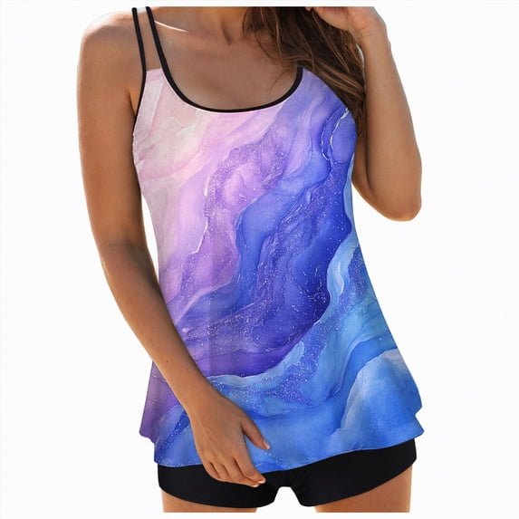 HCNTES Women Plus Size Tankini Swimsuit Two Piece Bathing Suit Cross Back Cutout Flowy Swim Top with Boy Shorts(XXL,a83-Light Blue)