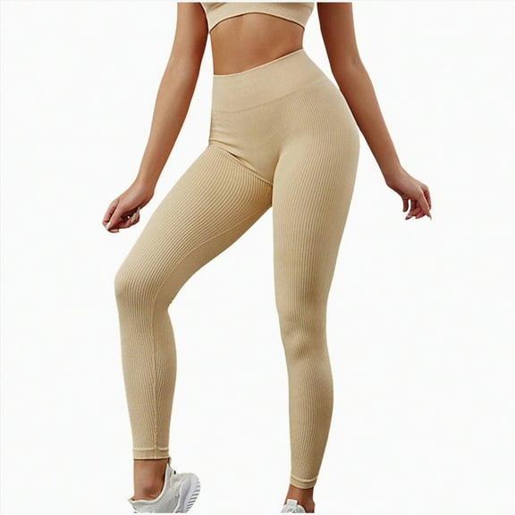 HCNTES Women Soild Color Seamless Yoga Pants Running Fitness Pants High Waist Lift Tight Yoga Pants(Beige,L)