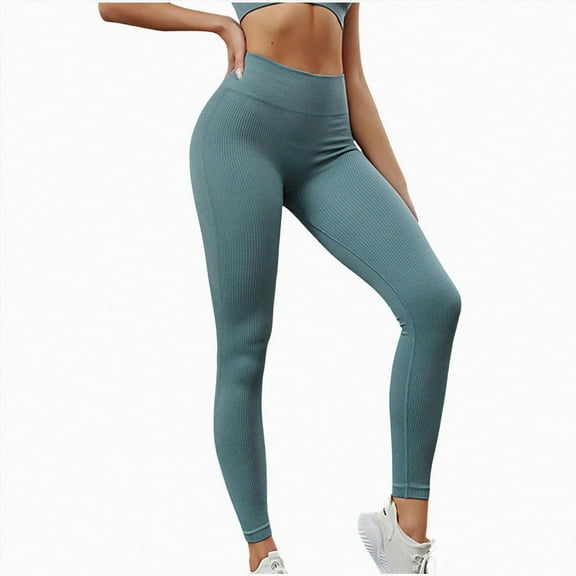 HCNTES Women Soild Color Seamless Yoga Pants Running Fitness Pants High Waist Lift Tight Yoga Pants(Blue,L)