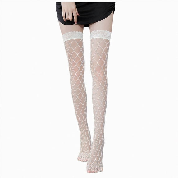 HCNTES Women Stockings Fishnet Lace Top Thigh High Stay Up Fishnets Tights Sheer Nylon Hosiery Pantyhose Lingerie 1-White
