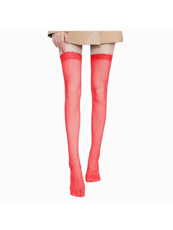 Women Stockings Fishnet Lace Top Thigh High Stay Up Fishnets Tights Sheer Nylon Hosiery Pantyhose Lingerie 2-Red