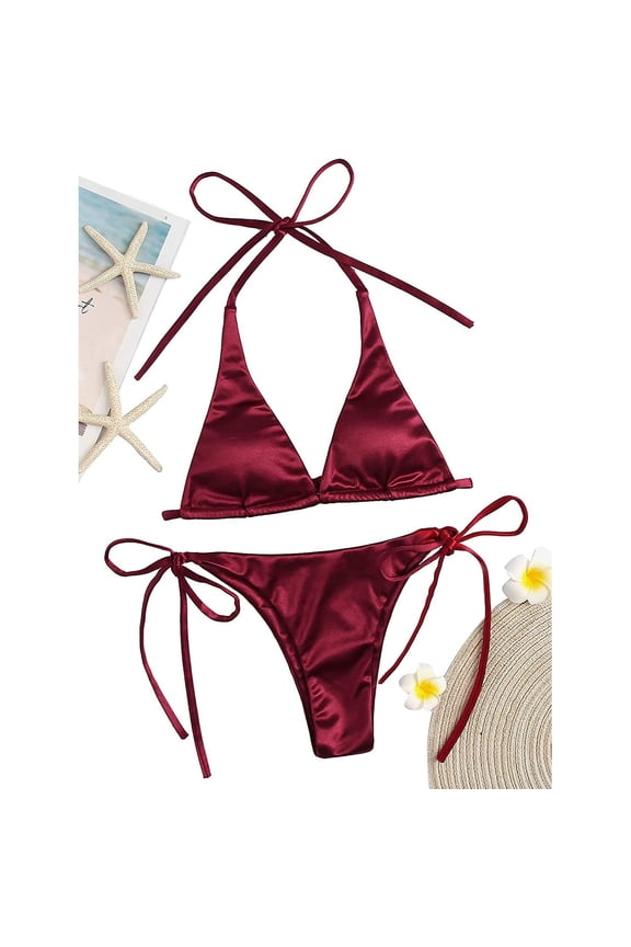 Women String Bikini Set Halter Side Tie Two Piece Swimsuit Triangle Bathing Suits(L,)